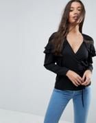 Asos Wrap Blouse With Lace Insert & Ruffle - Black