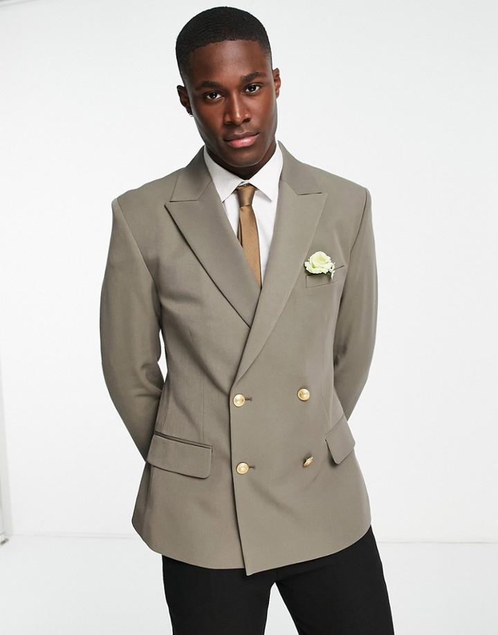 Asos Design Wedding Skinny Blazer With Gold Buttons In Olive-green