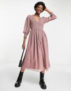 Asos Design Midi Smock Dress With Shirred Cuffs In Mink-pink