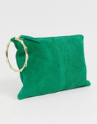 Asos Design Suede Clutch Bag With Bamboo Ring - Green