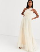 Asos Design One Shoulder Tulle Wired Hem Maxi Dress In Cream-white