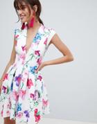 Asos Design Botanical Paneled Deep Plunge Mini Prom Dress - Multi