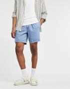 Asos Design Slim Lightweight Denim Shorts In Mid Wash With Double Pleat-blues