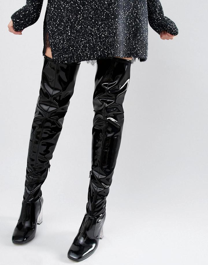 Asos Kalida Clear Heel Over The Knee Boots - Black