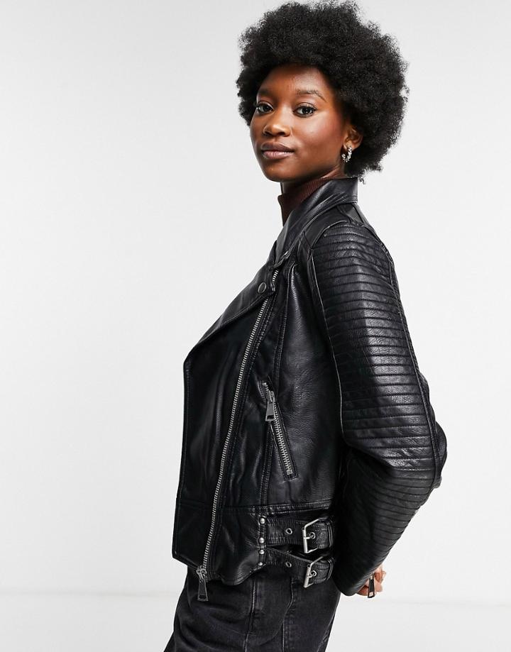 Cotton: On Leather Crop Moto Jacket In Black
