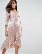 Asos Wrap Ruffle Midi Dress - Pink