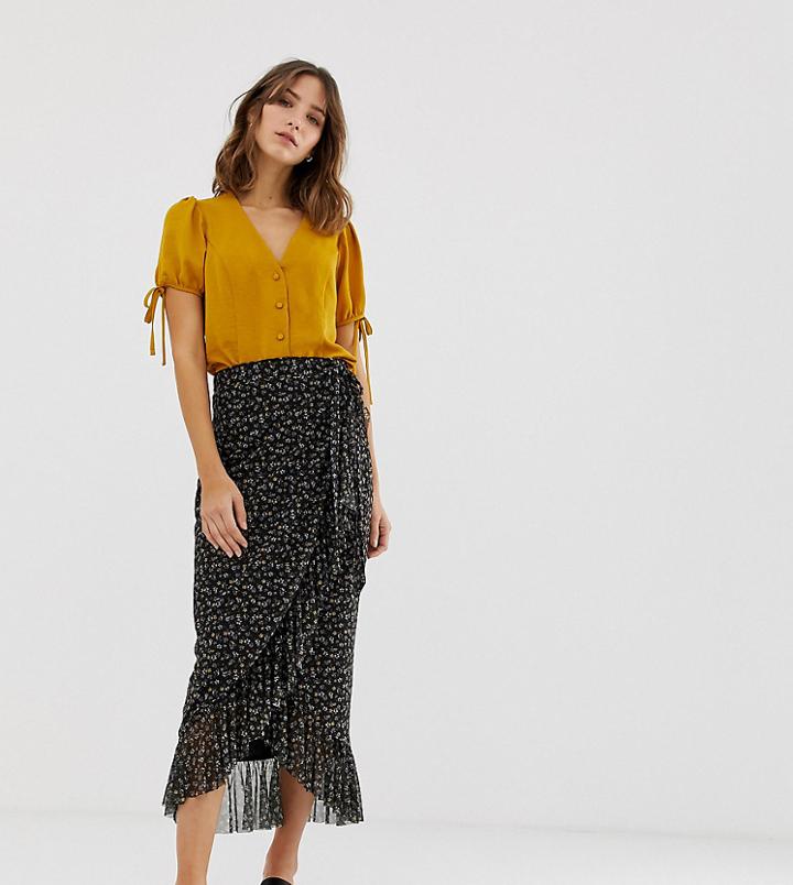 New Look Midi Skirt With Ruffles In Ditsy Floral Print-black