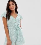 Asos Design Petite Button Front Frill Sleeve Romper With Cut Out Back In Animal Print - Multi