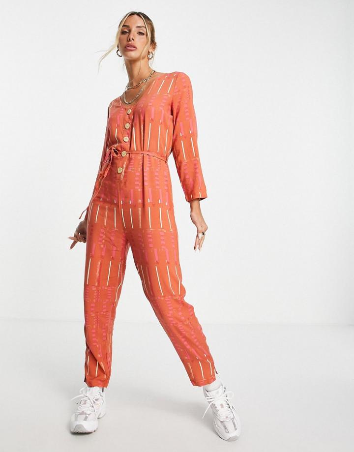 Native Youth Button Through Jumpsuit With Tie Waist-multi