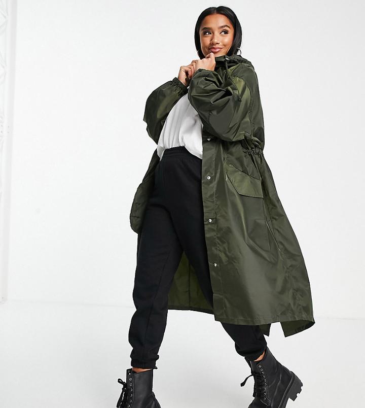 Asos Design Petite Rain Parka In Khaki-green