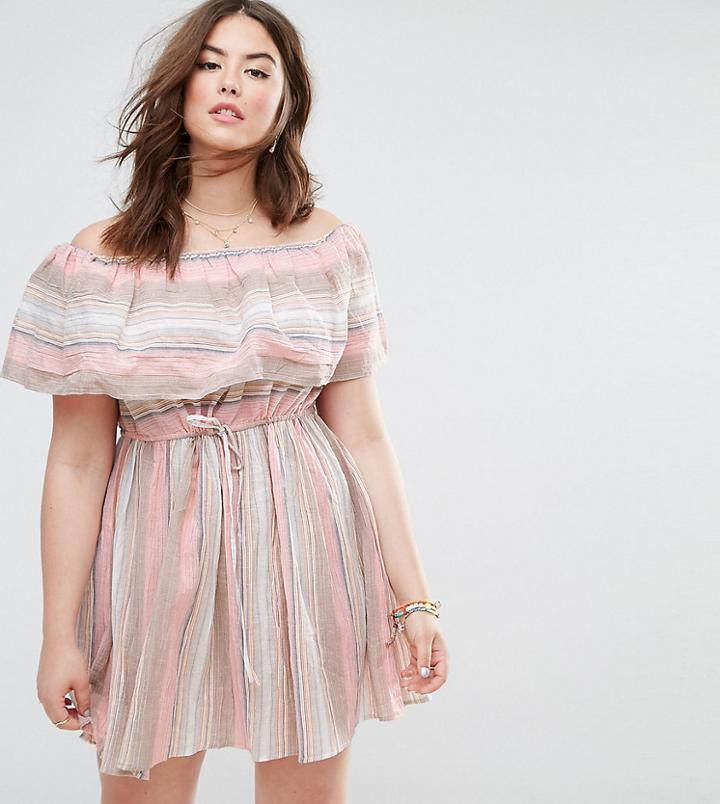 Asos Design Curve Beach Sundress With Off Shoulder In Natural Stripe - Multi