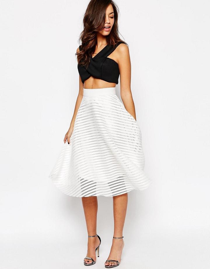 New Look Stripe Mesh Midi Skirt - White