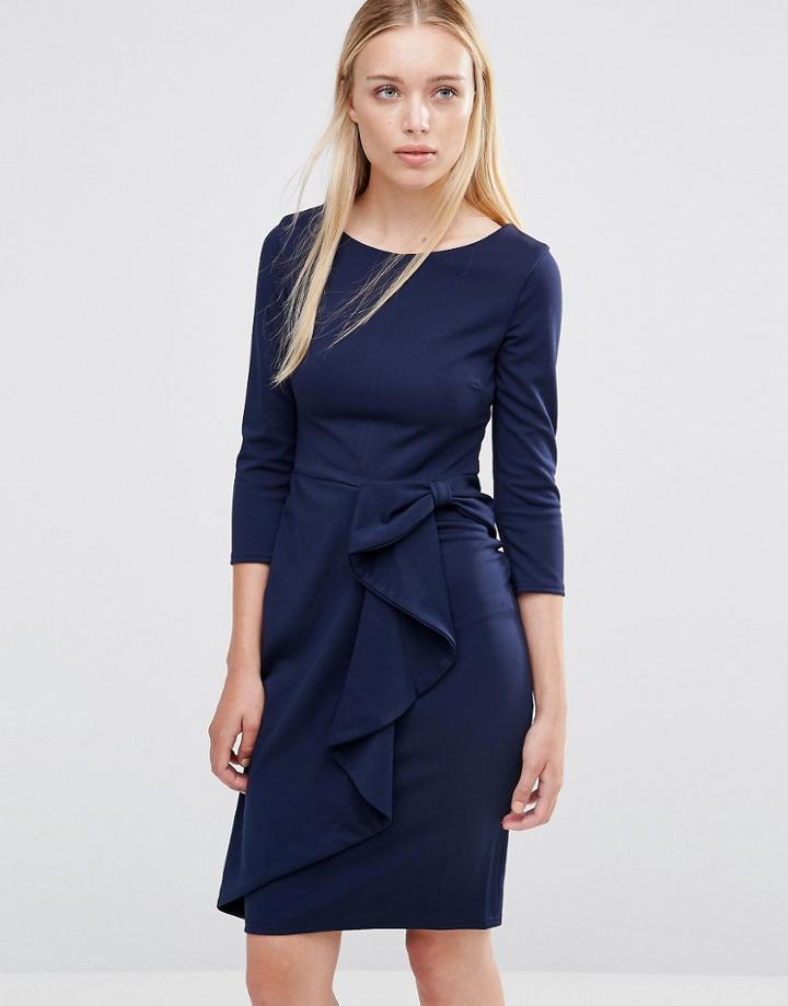 City Goddess 3/4 Sleeve Waterfall Peplum Midi Dress - Navy