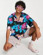 Asos Design Boxy Oversized Revere Shirt In Photographic Floral Print-black