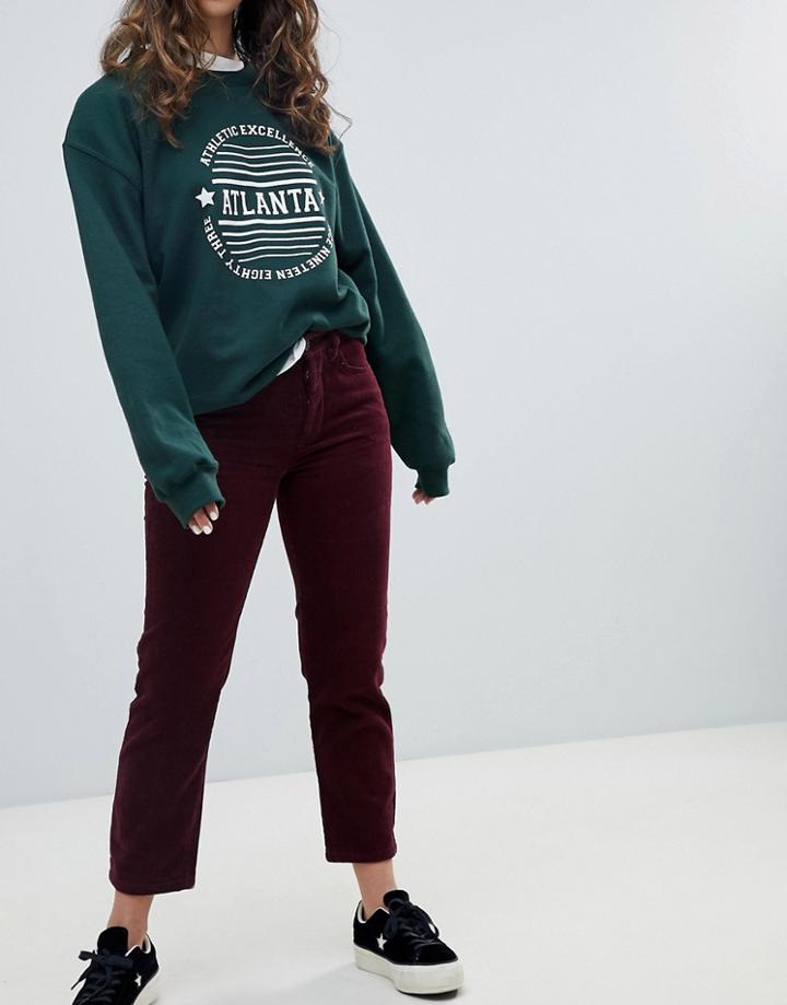 Pull & Bear Cord Mom Jean In Burgundy - Red