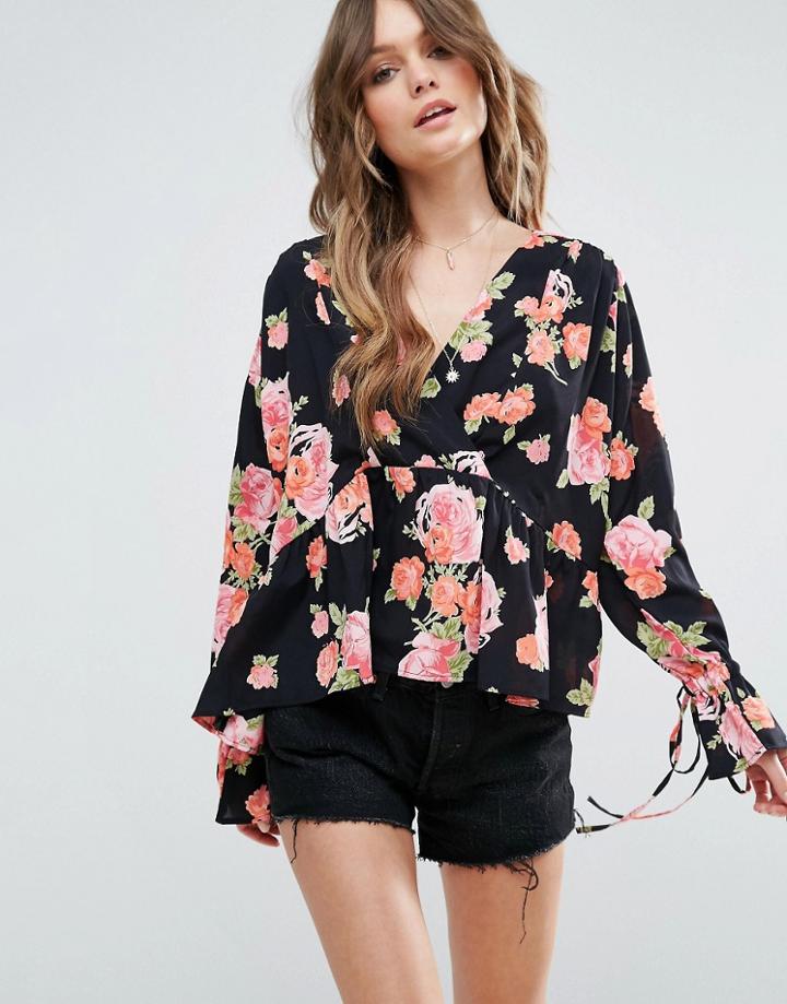 Asos Oversized Wrap Blouse In Dark Rose Print - Multi