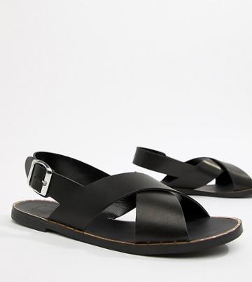 Depp Wide Fit Leather Flat Sandals - Black
