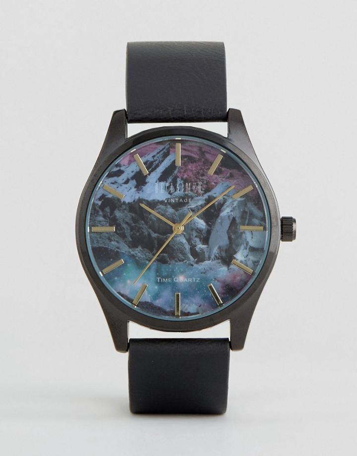 Reclaimed Vintage Mountain Print Leather Watch In Black - Black