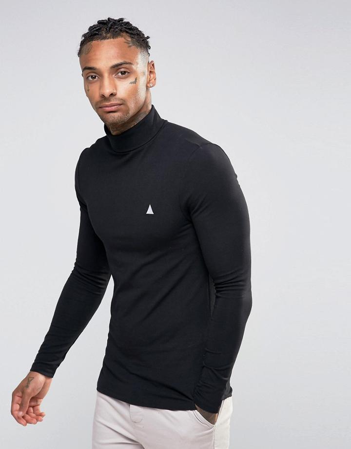 Asos Extreme Muscle Long Sleeve T-shirt With Roll Neck With Logo In Black - Black