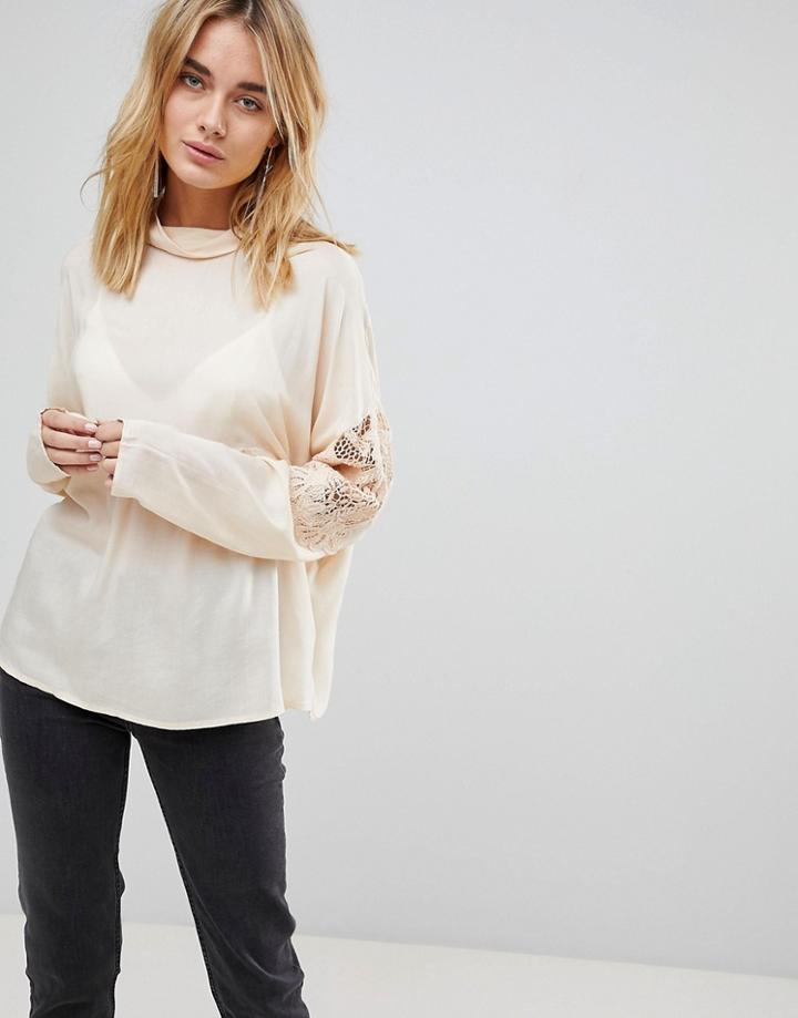 Vila Lace Panel High Neck Blouse - Pink