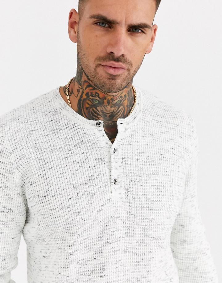 Asos Design Knitted Grandad Neck Sweater In Waffle Knit Texture-beige