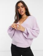 Y.a.s Knitted Wrap Front Sweater With Balloon Sleeve In Lilac-purple