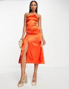 Urban Threads One Shoulder Strap Back Satin Midi Dress In Orange