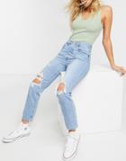 Levi's 501 High Rise Rip Knee Straight Leg Crop Jeans With Rips In Light Was Blue-blues