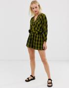 Asos Design Stitch Detail Slouchy Tie Waist Romper In Green Check-multi