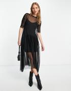 River Island Drop Hem Mesh Midi Dress In Black