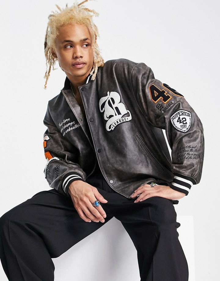Asos Design Oversized Varsity Leather Bomber Jacket With Badging And Embroidery In Black