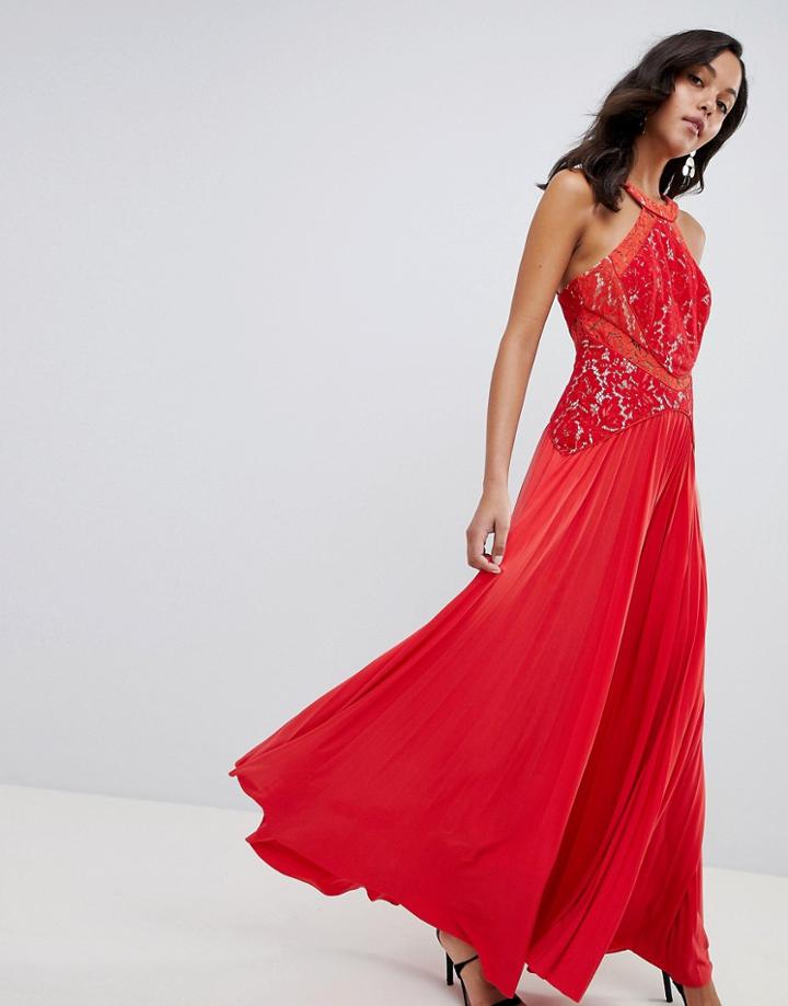 Asos Design Lace Top Pleated Maxi Dress-red