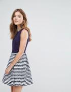 Lavand Skater Dress With Contrast Striped Skirt - Navy