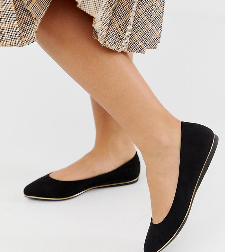 New Look Wide Fit Piped Pointed Ballerina In Black - Black
