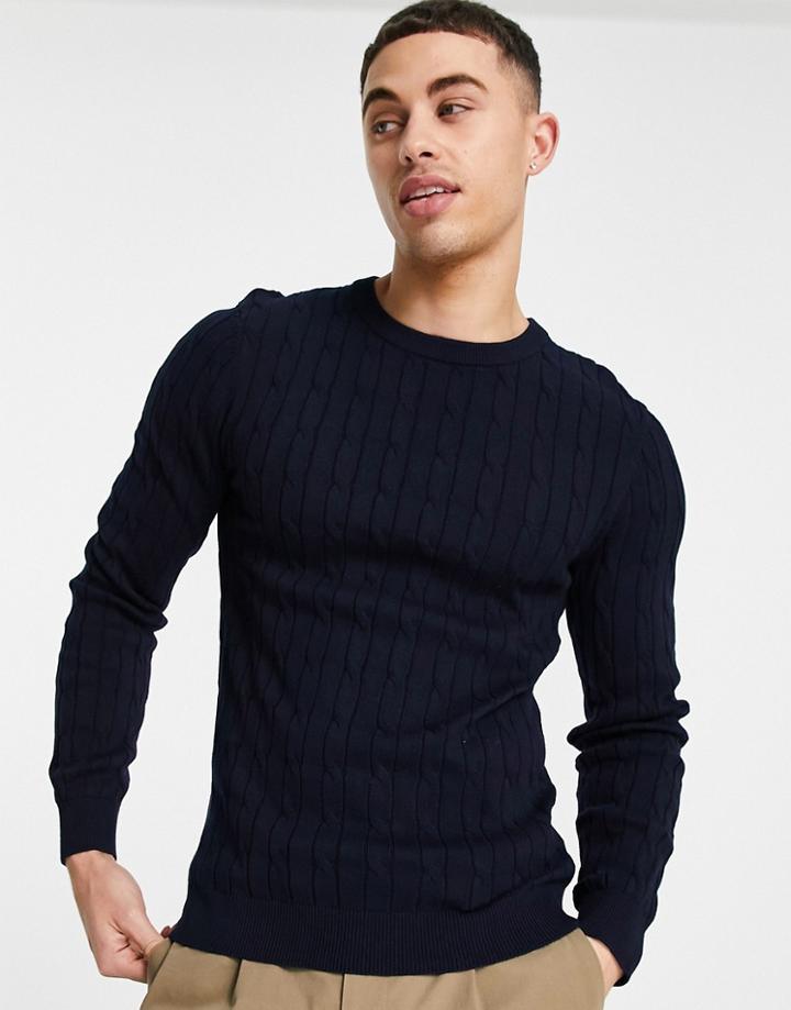 Gianni Feraud Premium Muscle Fit Crew Neck Cable Knitted Sweater-navy