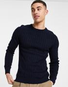 Gianni Feraud Premium Muscle Fit Crew Neck Cable Knitted Sweater-navy