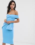 Asos Design Bardot Fold Wrap Front Midi Pencil Dress - Blue