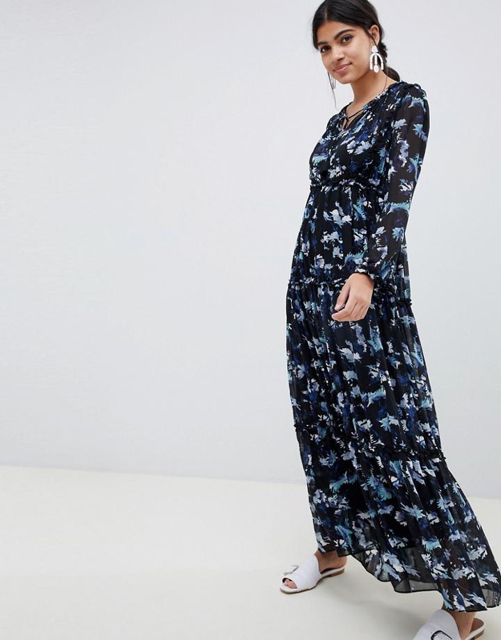 Suncoo Floral Printed Maxi Dress - Black