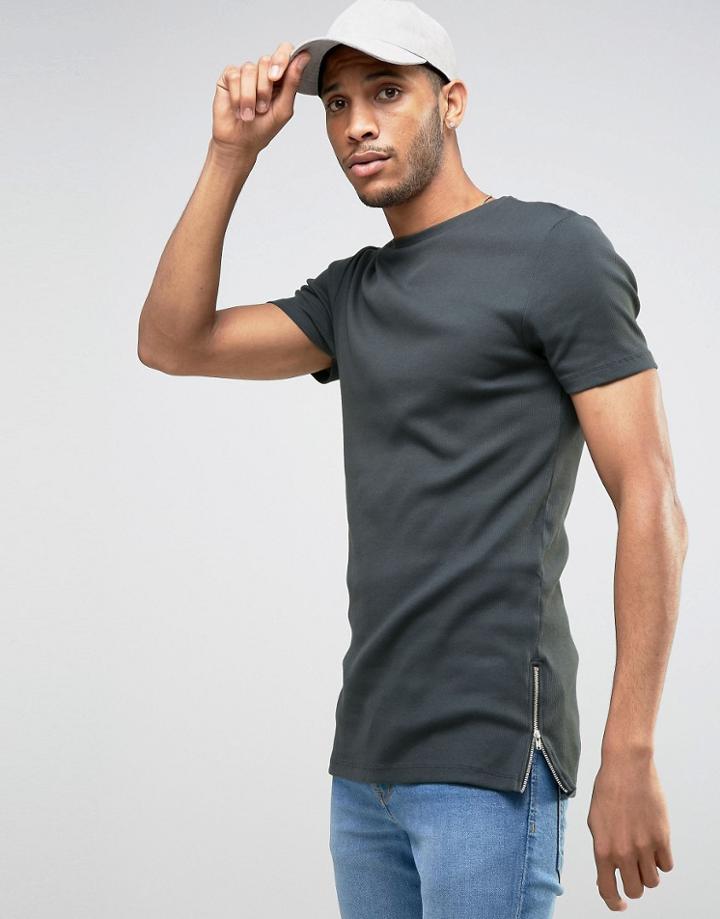 Asos Longline Muscle T-shirt With Zip Detail In Gray - Gray