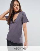 Asos Tall T-shirt With High Neck Ravage Plunge With Lace Insert In Wash - Gray
