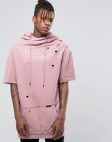 Hand Of God Oil Washed Hoodie With Short Sleeves - Pink