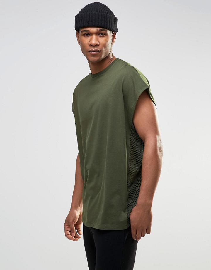 Asos Super Oversized T-shirt With Mesh Side Panels In Khaki - Green As Sample