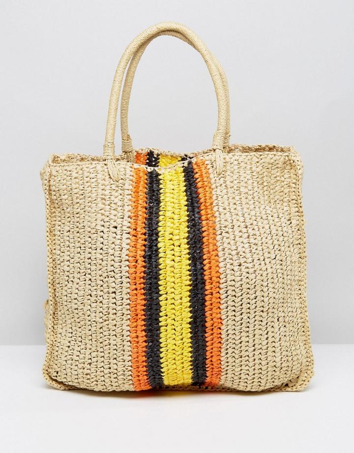 Warehouse Contrast Stripe Straw Shopper Bag - Beige