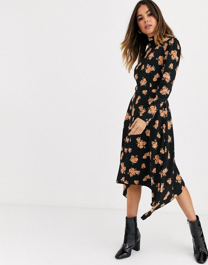 Miss Selfridge Midi Dress With High Neck In Floral Print-black