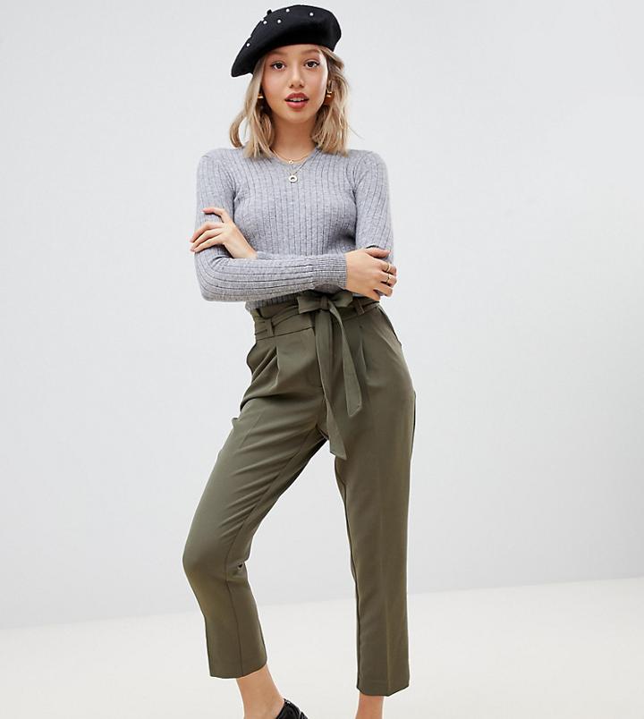 New Look Petite Tie Waist Pants In Khaki - Green