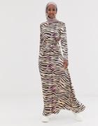 Asos Design Maxi Dress With Tie Waist In Zebra Print - Multi