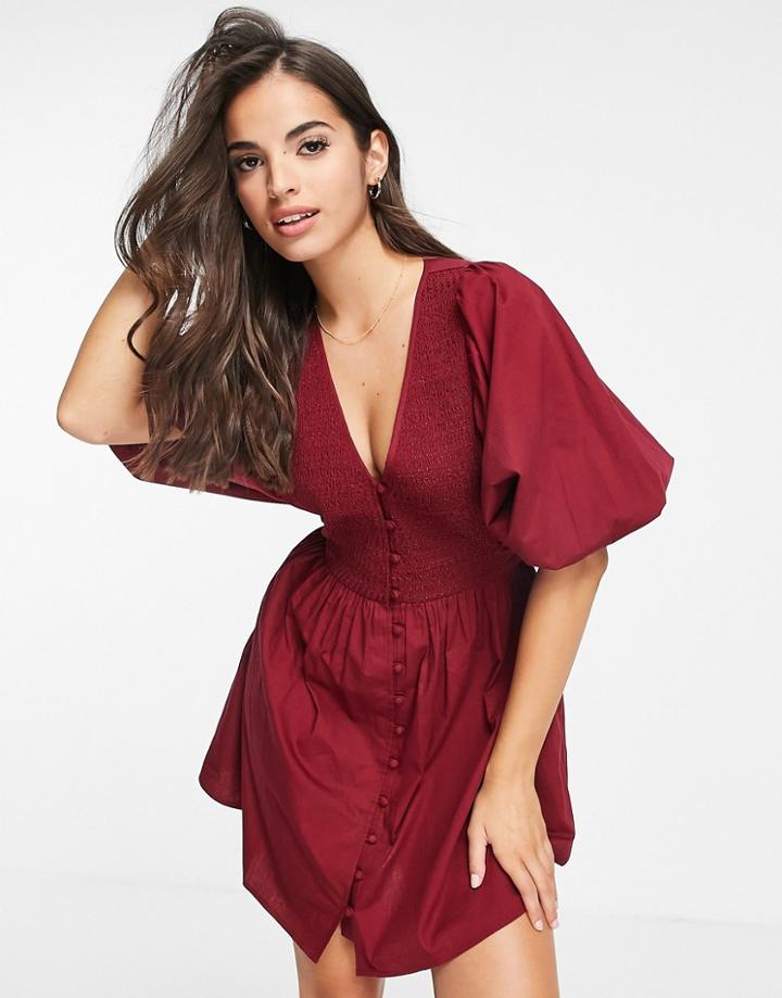 Asos Design Cotton Poplin Shirred Bodice Mini Dress With Buttons In Oxblood