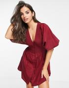 Asos Design Cotton Poplin Shirred Bodice Mini Dress With Buttons In Oxblood