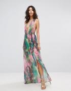 Prettylittlething Snake Print Plunge Front Maxi Dress - Pink