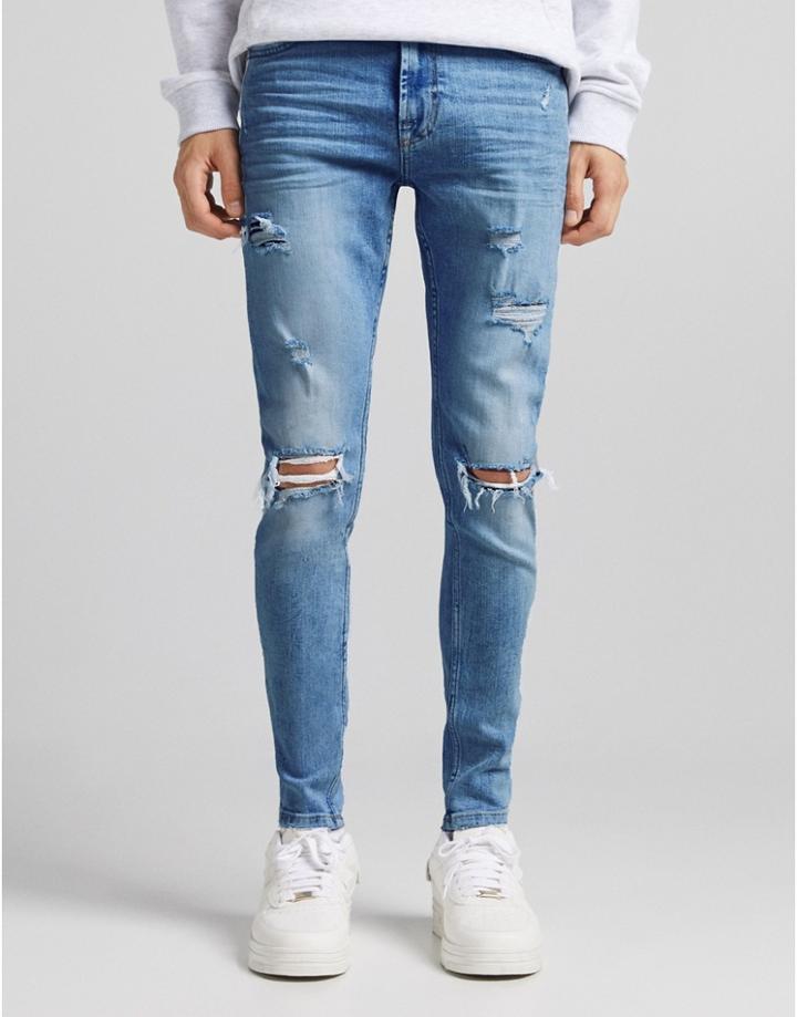 Bershka Super Skinny Jeans With Rips In Dark Blue-blues